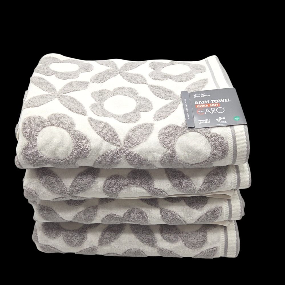 Caro Home 4pc Gray White Daisy Days Raised Floral Bath Towels 30x54 - Picture 2 of 8
